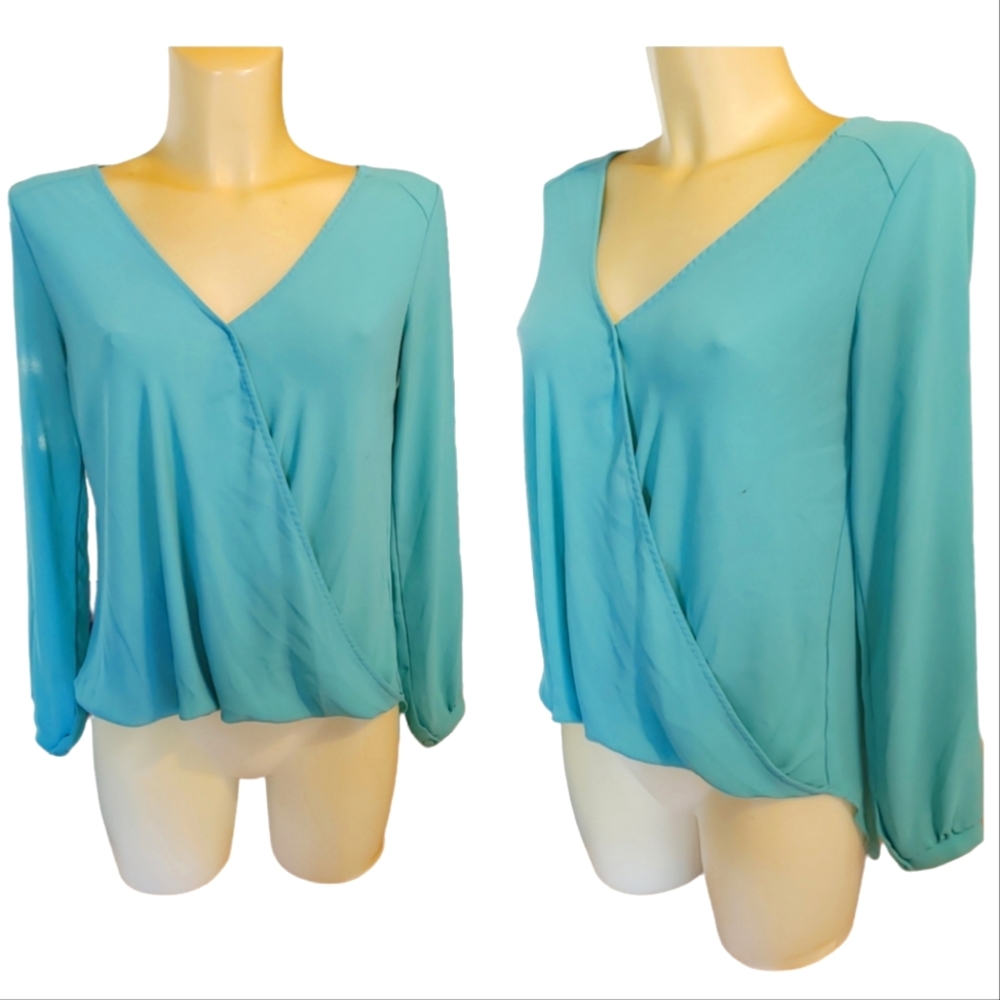 ❗FREE with Purchase ❗LUSH Teal Blue Semi Sheer Drape Front Lightweight Blouse